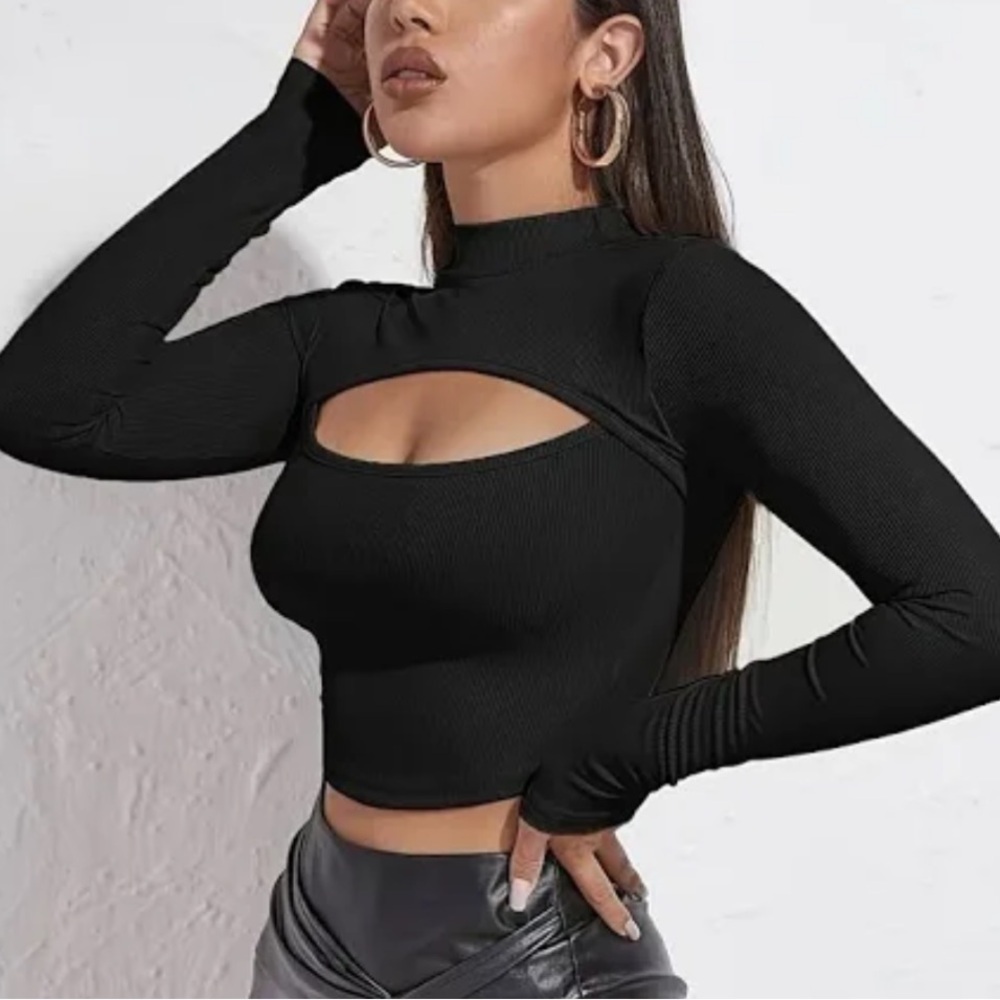 😍2/$20 NWT Fashion Nova Plus Sz 2X Mock Neck Long Sleeve Cropped Top Black